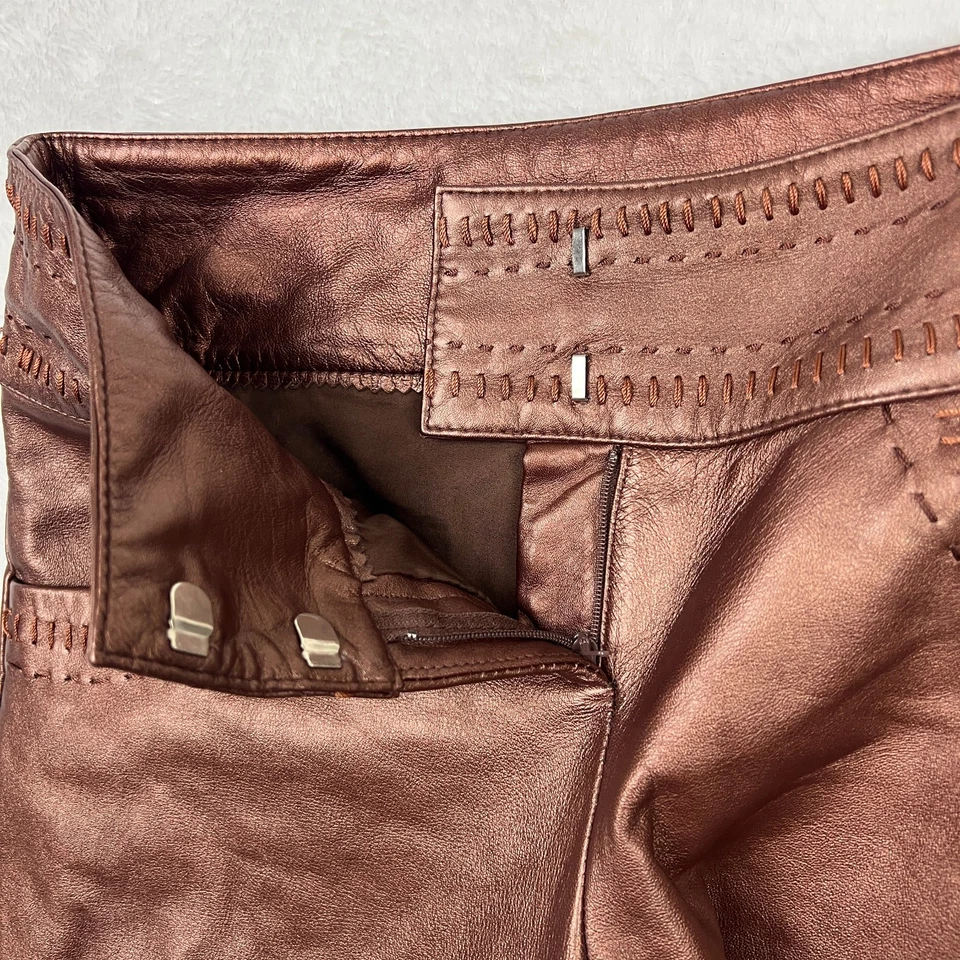 Cache Lamb Leather Pants Womens 4 Wide Leg Flared Copper Brown Bronze Y2K - Image 4 of 4