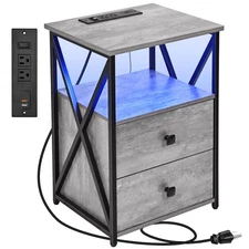 Nightstand with Charging Station, End Table with Storage, LED Side Table with...