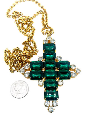 Huge  D'Orlan Nina Ricci Paris Substantial Vintage Glass Cross Necklace, 2-Sided
