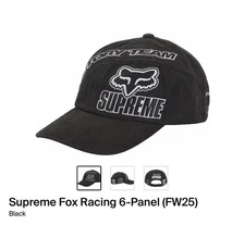 Supreme x Fox Racing 6 Panel Racing Cap Black/White FW2025 Brand New In Hand