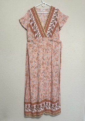 Temofon Dress Women s Size X-Large Orange Floral Long Wrap Dress Hippie Cottage
