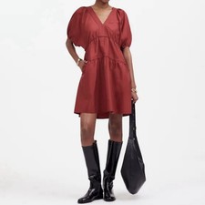 Madewell Women’s Puff Sleeve Mini Dress in Poplin in Claret Red Size Medium