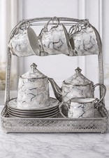 Elegant Marble Effect Tea Set 14pc Silver Trim Cups Teapot Set