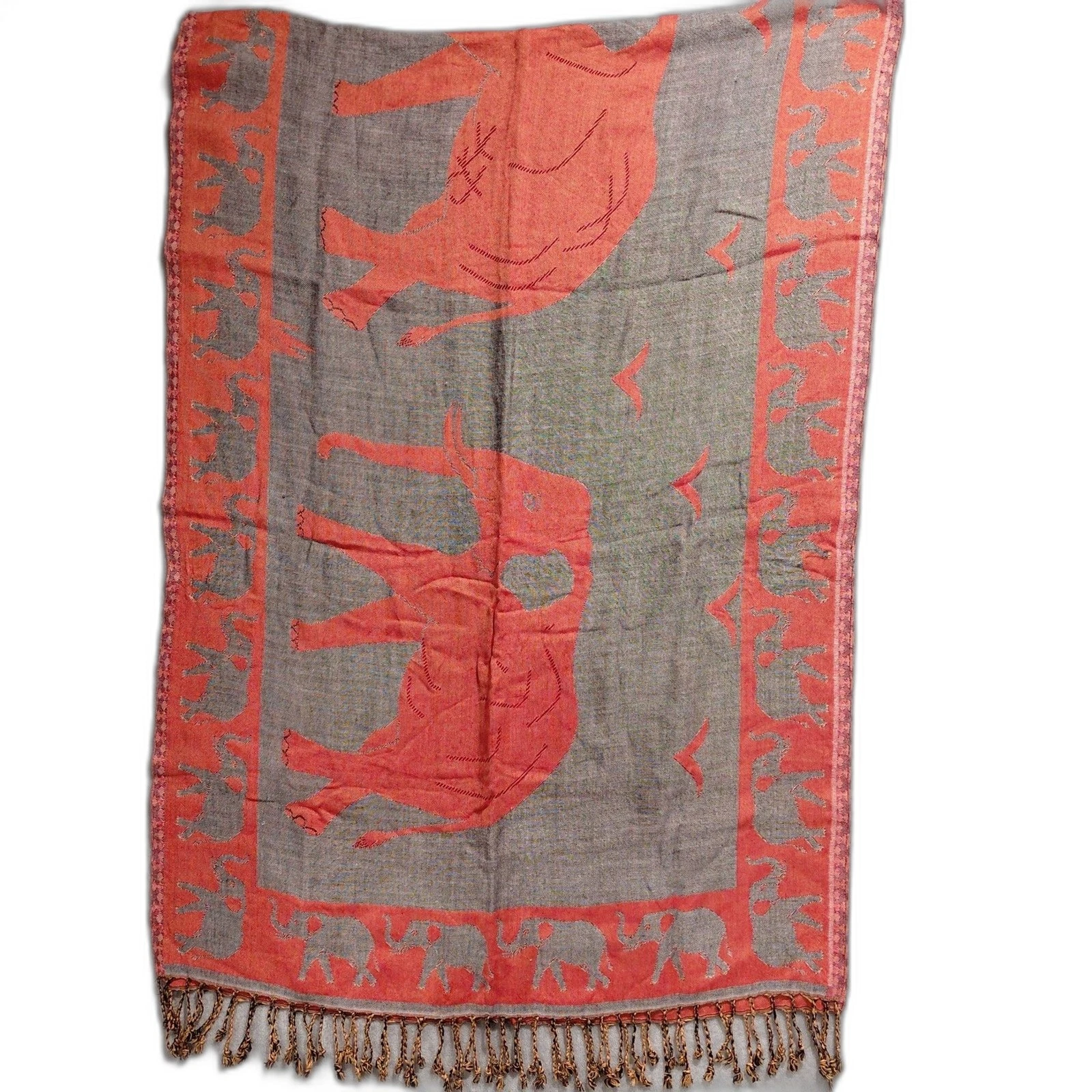 Elephant Red/Orange & Gray Reversible Pashmina Scarf Shawl Wrap 76” x 27” Fringe