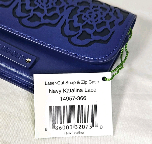 Vera Bradley Laser Cut Snap Zip Case in Navy Blue Katalina Lace Zippered Pocket - Picture 3 of 8