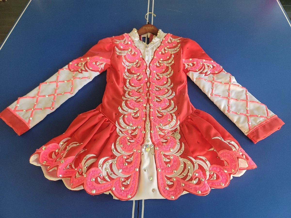 Pink White and Red Irish Jig Dance Dress Riverdance Rose Crystals+ Extras