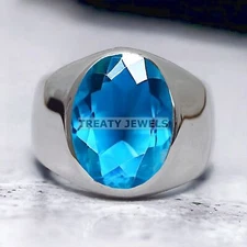 Aquamarine Oval Cut Gemstone With 925 Sterling Silver Ring For Men's #199