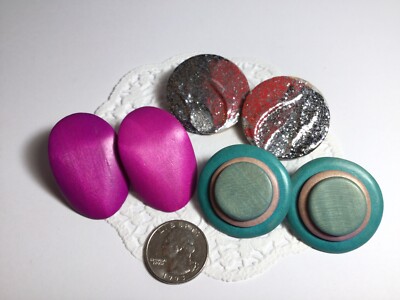 PRETTY 3 PAIR MIXED LOT OF PIERCED EARRINGS MADE OF WOOD NICE COLORS LG SIZE