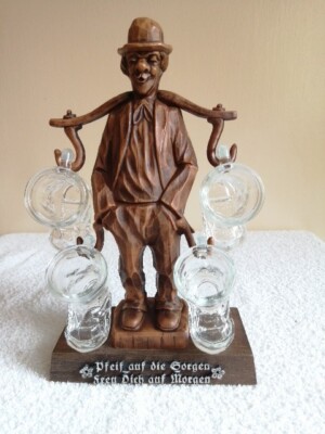 VINTAGE KOZIOL WEST GERMANY BAR CADDY. DRUNKEN HOBO WITH  4  BOOT SHOT GLASSES. 