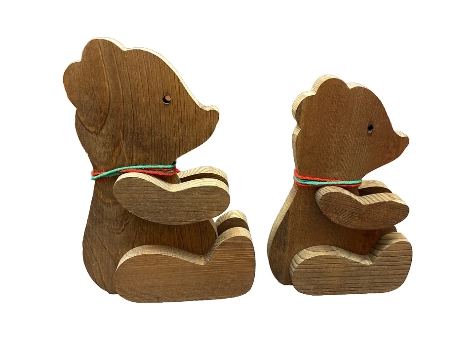 Vintage Handmade Wooden Bears Set Of 2 Figures Folk Art Rustic Christmas Decore - Image 2 of 4