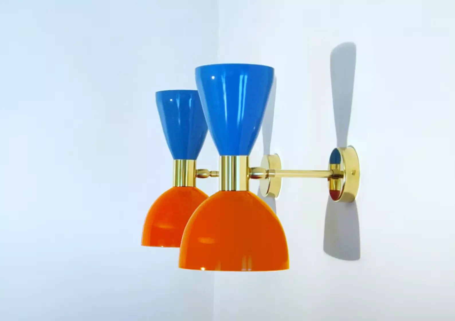 1950s Mid-Century Italian Brass Diabolo Wall Sconce Pair - 2 Bulb Fixture