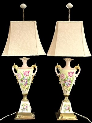 Pair Mid-Century Hollywood Regency Styled Hand Painted Floral Ceramic Lamps