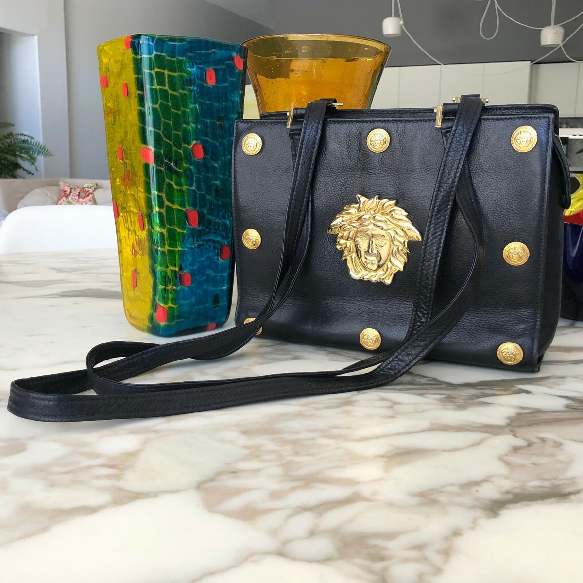 GIANNI VERSACE black leather shoulder bag w/ leather strap