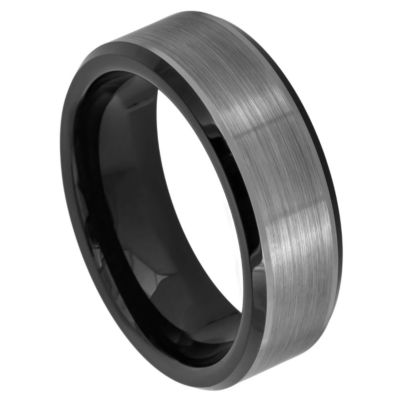 Tungsten Ring Unisex  Two Tone Black IP Plated Brushed Center Beveled Edge