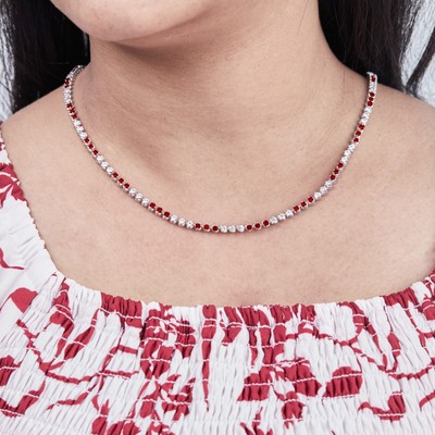5.00Ct 10K White Gold Lab Grown Diamond & Red Ruby Women's Tennis Necklace 18''In