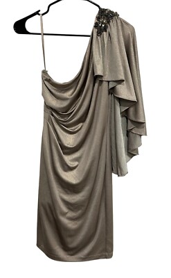 Cache NWT Metallic Taupe One Shoulder Dress Draped Embellished Shoulder Size 6