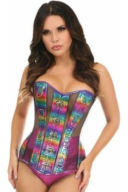 Rainbow Glitter PVC & Black Fishnet Steel Boned Corset Overbust D-Rings & Clasp