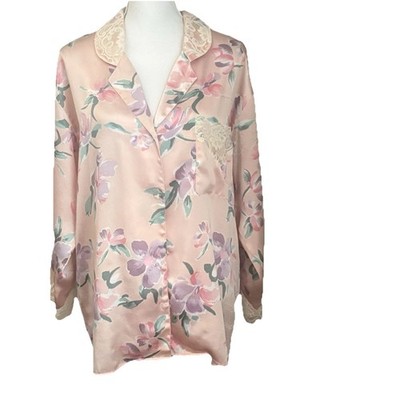 Vintage Victoria's Secret Gold Label Pajama Top Pink Floral Satin Lace Size L