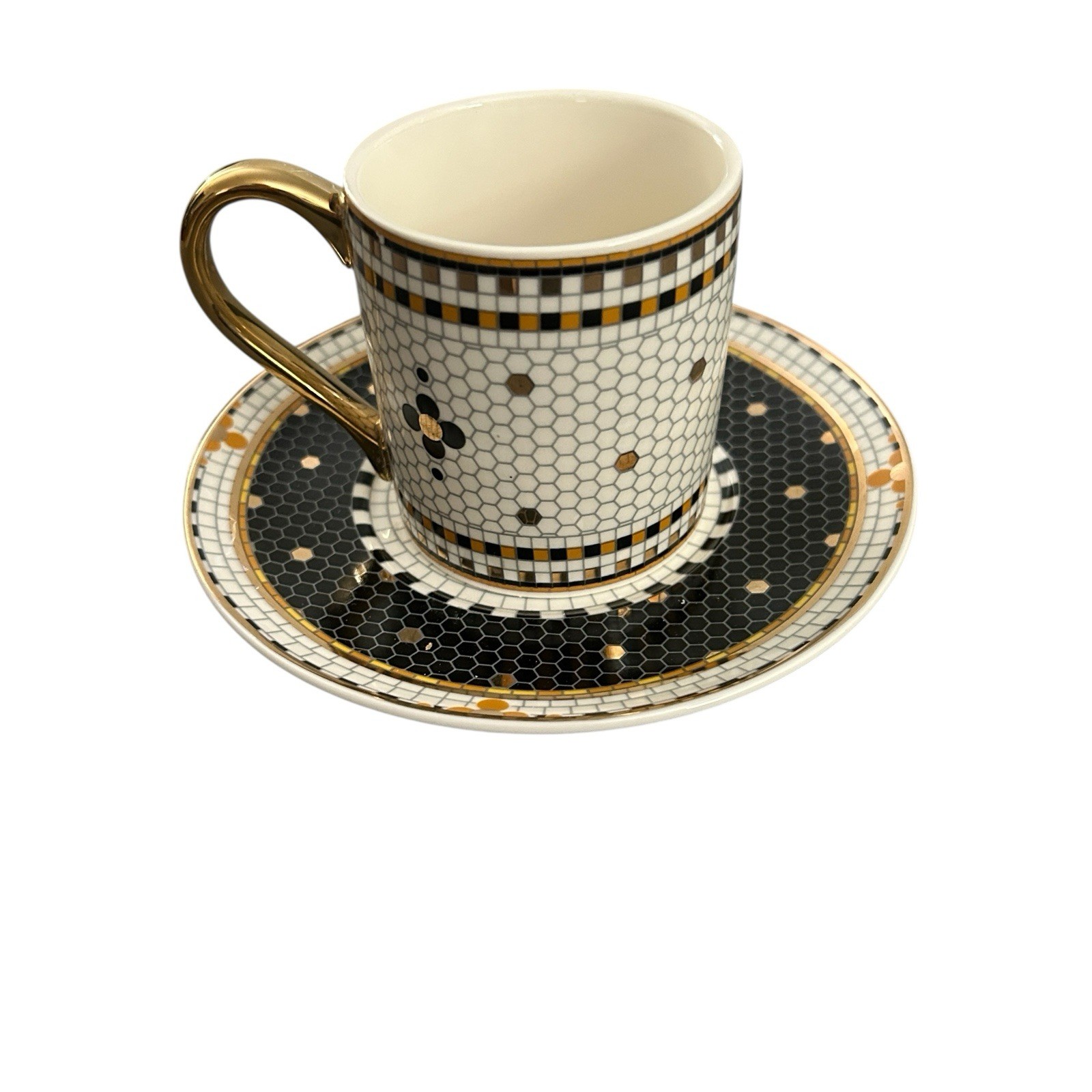 Anthropologie Bistro Tile Black Cats Espresso Cup Saucer Set NEW Halloween 5 oz