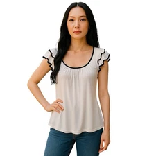 H&M Cream Beige Black Ruffle Cap Sleeve Pleated Viscose Top Blouse Shirt Medium