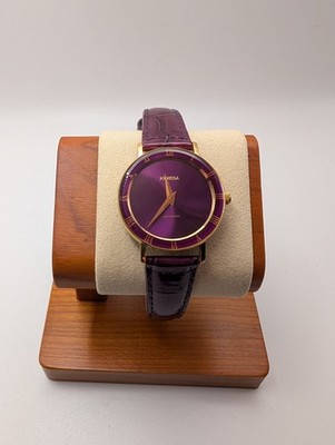 JOWISSA Roma Swiss Made Quartz 50m 30mm Purple Dial Gold Case Leather Strap NOS