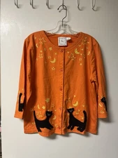 Michael Simon Lite Halloween Scaredy Black Cat Moons Stars Cardigan - Large 