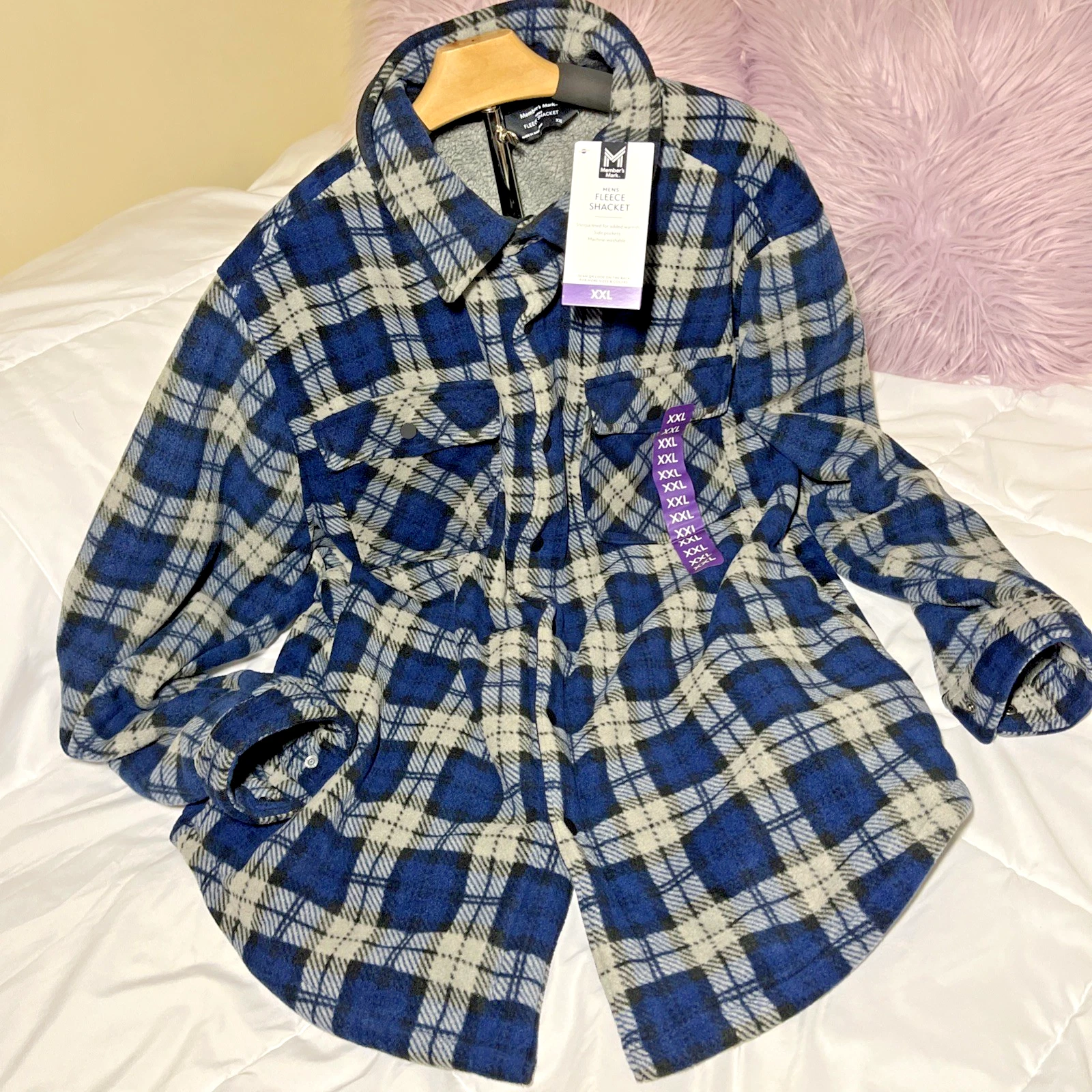 NWT Members Mark Fleece Sherpa Shacket Jacket Plaid Blue Workwear Pockets 2XL - product detail image 2