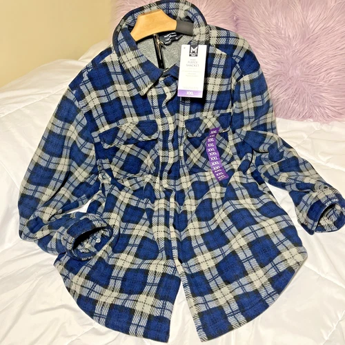 NWT Members Mark Fleece Sherpa Shacket Jacket Plaid Blue Workwear Pockets 2XL image 2