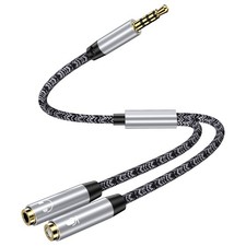 Headphone Mic Splitter 10in , 3.5mm 2 TRS Female to 10 inches, Silver Black