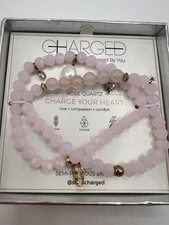 Charged Rose Quartz Stretch Bracelet Set Gold Charms Love Comfort Compassion NOS