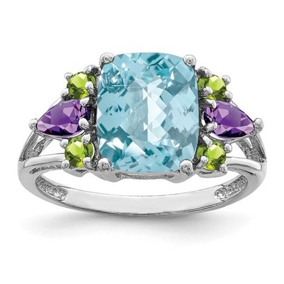 Sterlingsilber Rhodium heller Schweizer Blautopas, Amethyst & Peridot Ring - Größe 8