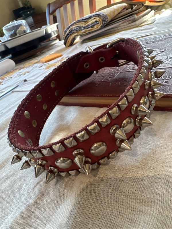 XL Red Spiked Dog Collar Studded PU Leather Punk Large Breed 21-24" Made In USA