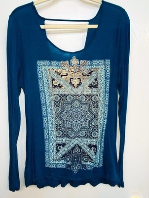 Lucky Brand-Size L-Sea Blue, Long Sleeves, Golden Design On Front, Open Back Tee