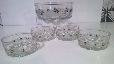 VTG MCM Decover Itay Salad Bowl + 4 Bowls ''Flower Power'' Black/Gold Pattern 1960