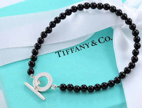 7.75" Tiffany & Co Silver Black Onyx 4mm Bead Toggle Bracelet & Box Pouch Ribbon