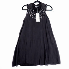 Angela Moda Italy Silk Blend Shift Dress Size XS Mini Black Charcoal Sequin