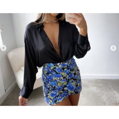 NWT ZARA Women Skirt S Blue Floral Mini Tiered Fitted Short Chiffon Blogger Fave
