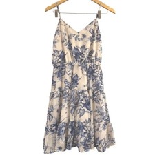 Express Floral V-Neck Tie Waist Tiered Trapeze Dress Sz S Blue White Cottagcore