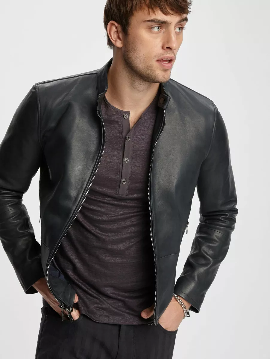 Mens Black Leather Jacket Pure Lambskin Biker Moto Racer Size
