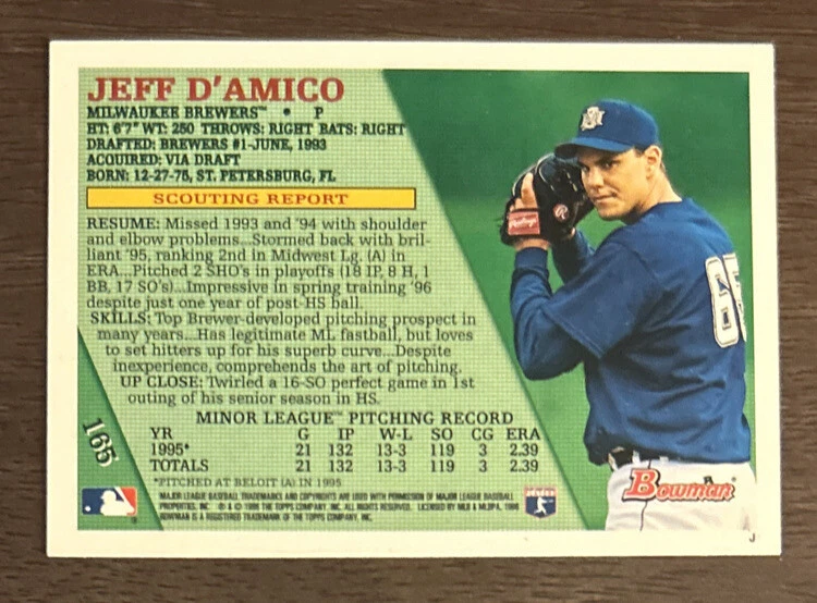 1996 Bowman Jeff D’Amico Baseball Card #165 Brewers Pitcher VG O/C & Corners - Image 2 of 2