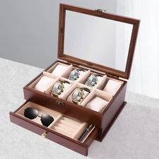 Mens 8 Grids Solid Wood Holder Watch Display Box Vintage Storage Show Case Gift