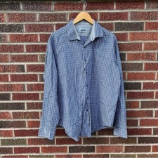 DKNY Navy Blue and Gray Plaid Collared Button Down Dress Shirt