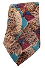 MARK SHALE Men's 100% Silk Necktie ITALY Designer Pheasants Brown Teal EUC Rare