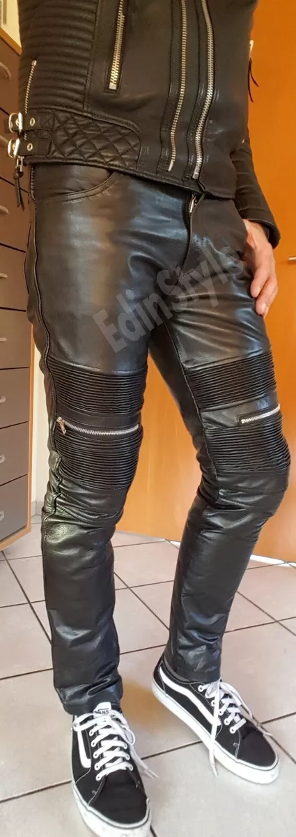 Men s genuine cowhide knee and back accordion panel moto pants real leather pant