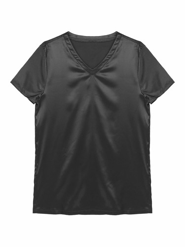 Men's Women Satin T-Shirts V Neck Short Sleeve Soft Loose Pajamas Tops Nightwear - Picture 41 of 66