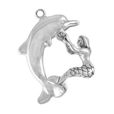 Mermaid Playing with Dolphin Movable 3D 925 Solid Sterling Silver Charm Pendant