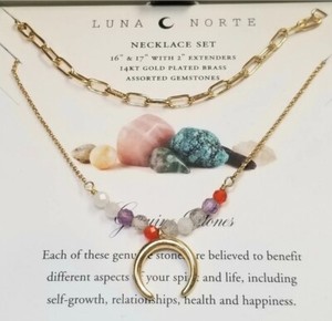 Authentic 2 PC LUNA NORTE 14K GOLD PLATED MOON GENUINE GEMSTONE CHAKRA PENDANT NECKLACES