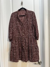 Burgundy Polka Dot 3/4 Sleeve Dress Large Stand Up Collar Button Down Tiered