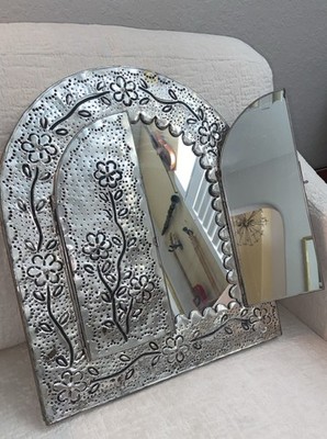 VTG Mexican Folk Art Large Punched Tin Mirror w/Doors Arched Mirror 18 x15  READ