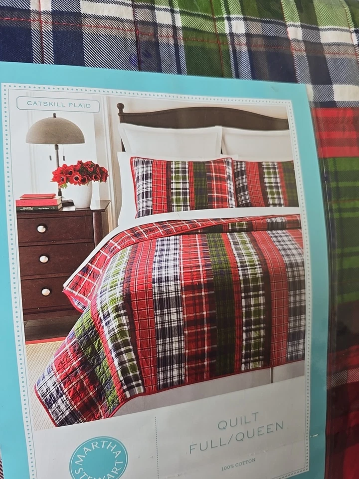 Edredón Martha Stewart Queen/Completo 100% Algodón Rojo Catskil Cuadros Reversible 2 Falsas Foto 3 de 4